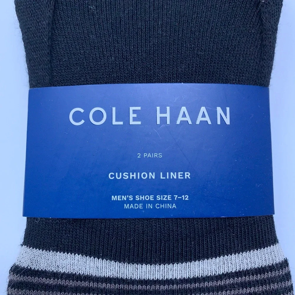 Cole Haan Mens 7-12 Black Striped 2-Pack Cushion Liner No Show Socks